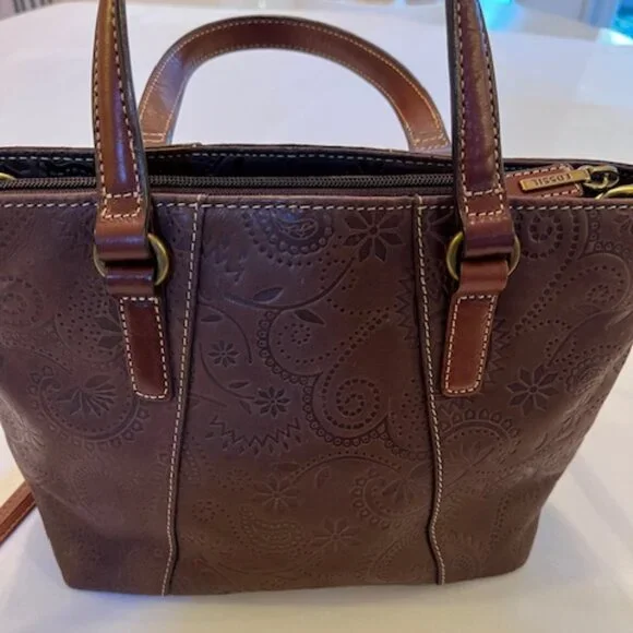 FOSSIL | Brown Floral Tooled Embossed Leather Crossbody or Handbag-EUC - Picture 4 of 16